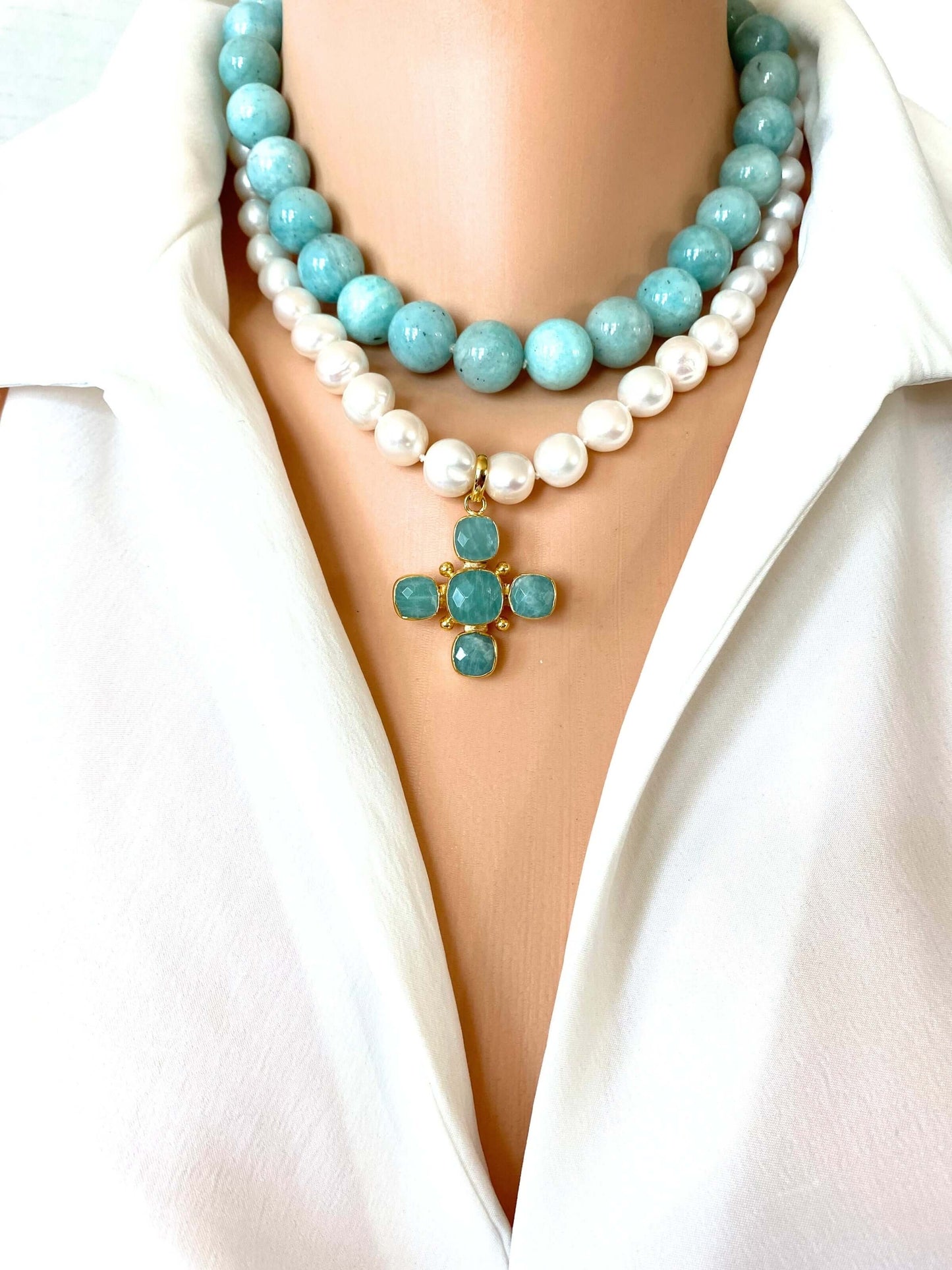 Pearl Choker with Amazonite Cross