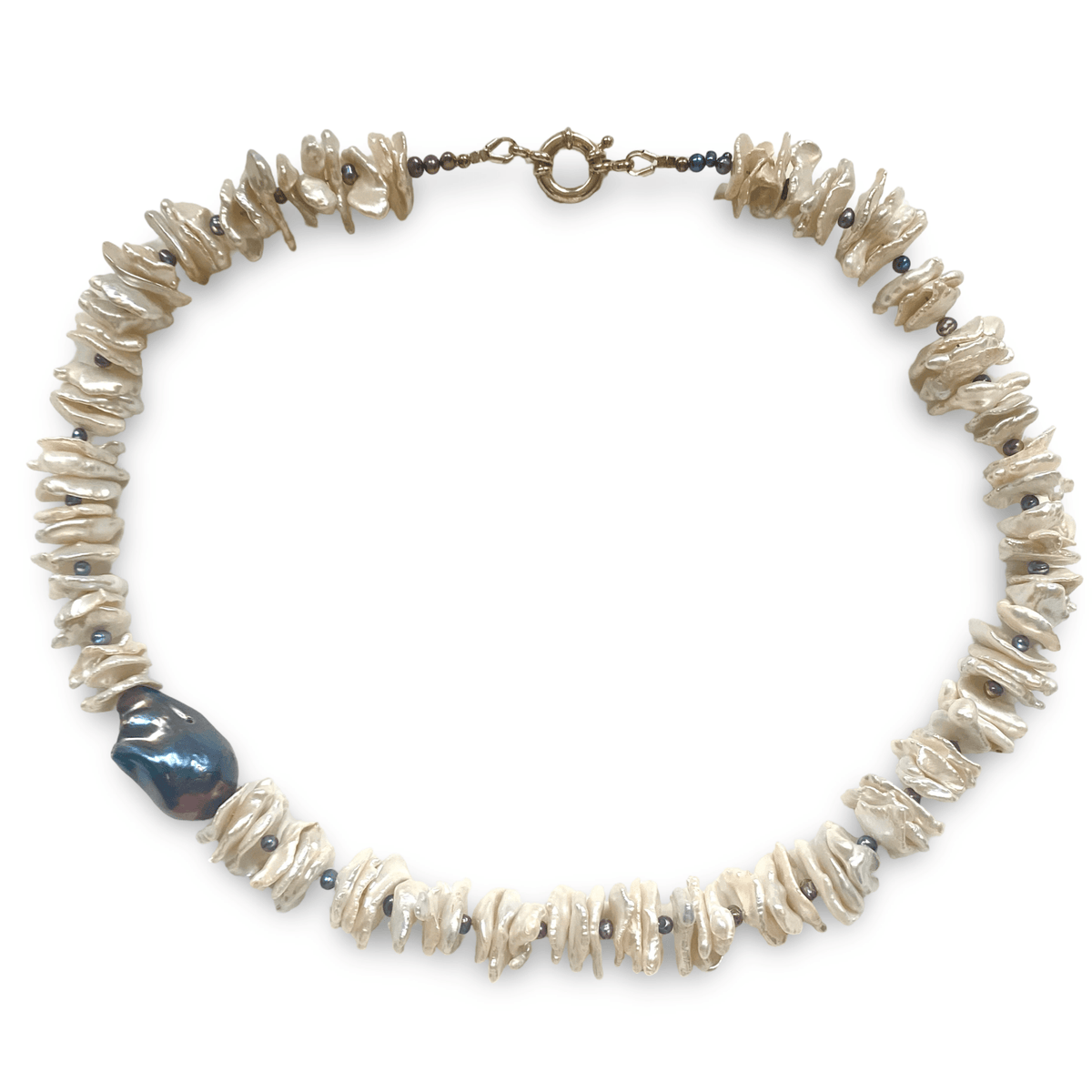 White Cornflake Pearl Necklace with Black Baroque Pearl on the side