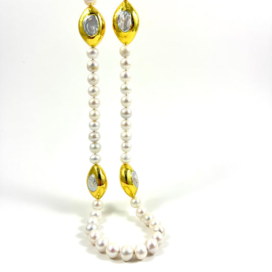 White Edison Pearl Necklace 31" with Gold Accent, 10-11mm pearls