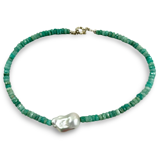 beaded amazonite and white baroque pearl necklace in the centre 16.5"inches