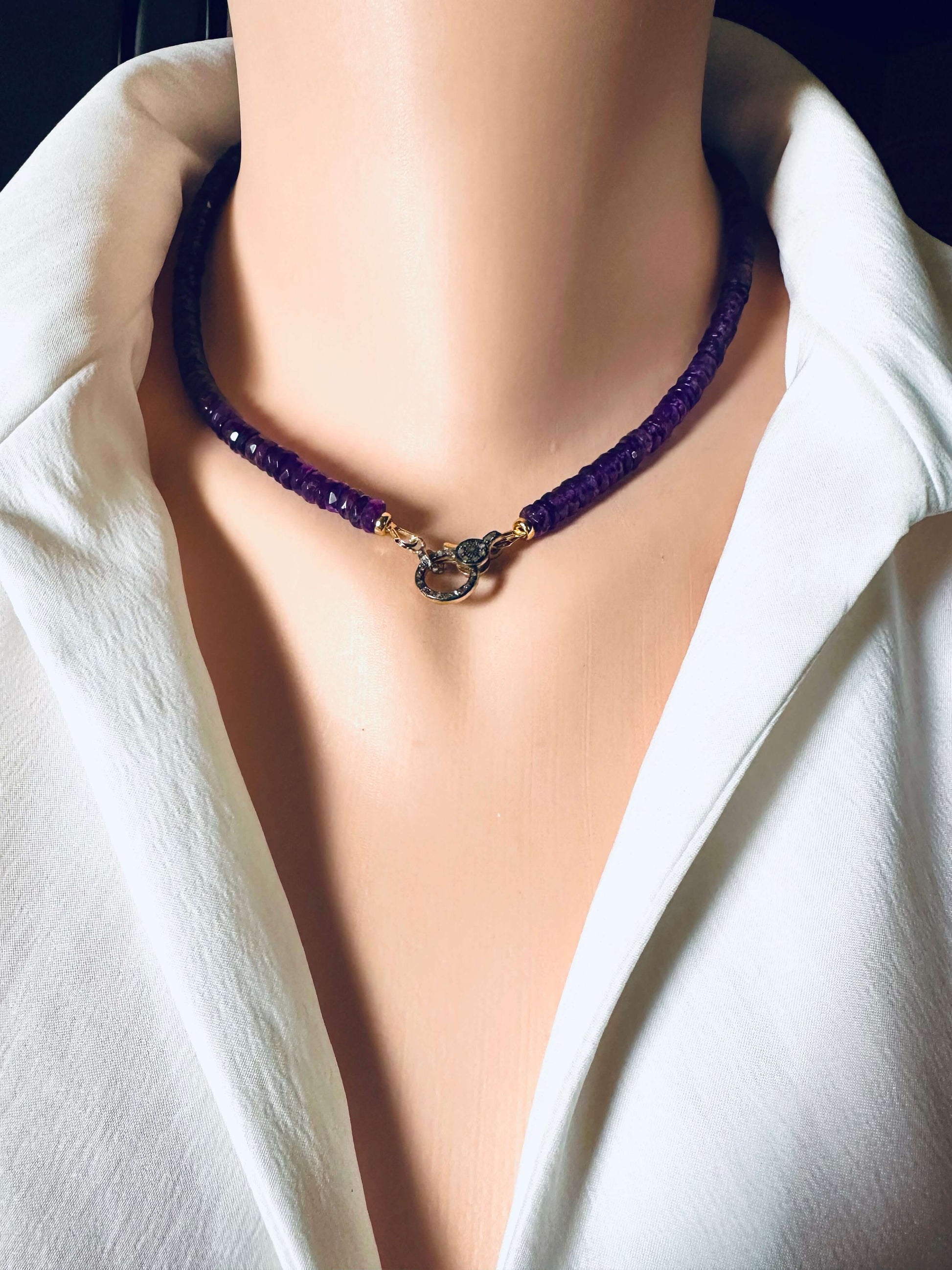 Purple amethyst gemstone necklace with diamond pavé gold vermeil clasp displayed on a mannequin.