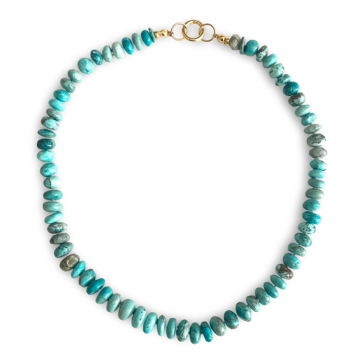 hand knotted necklace made of irregular turquoise-blue and green marbled beads, finished with a gold clasp, shown on a plain white background.