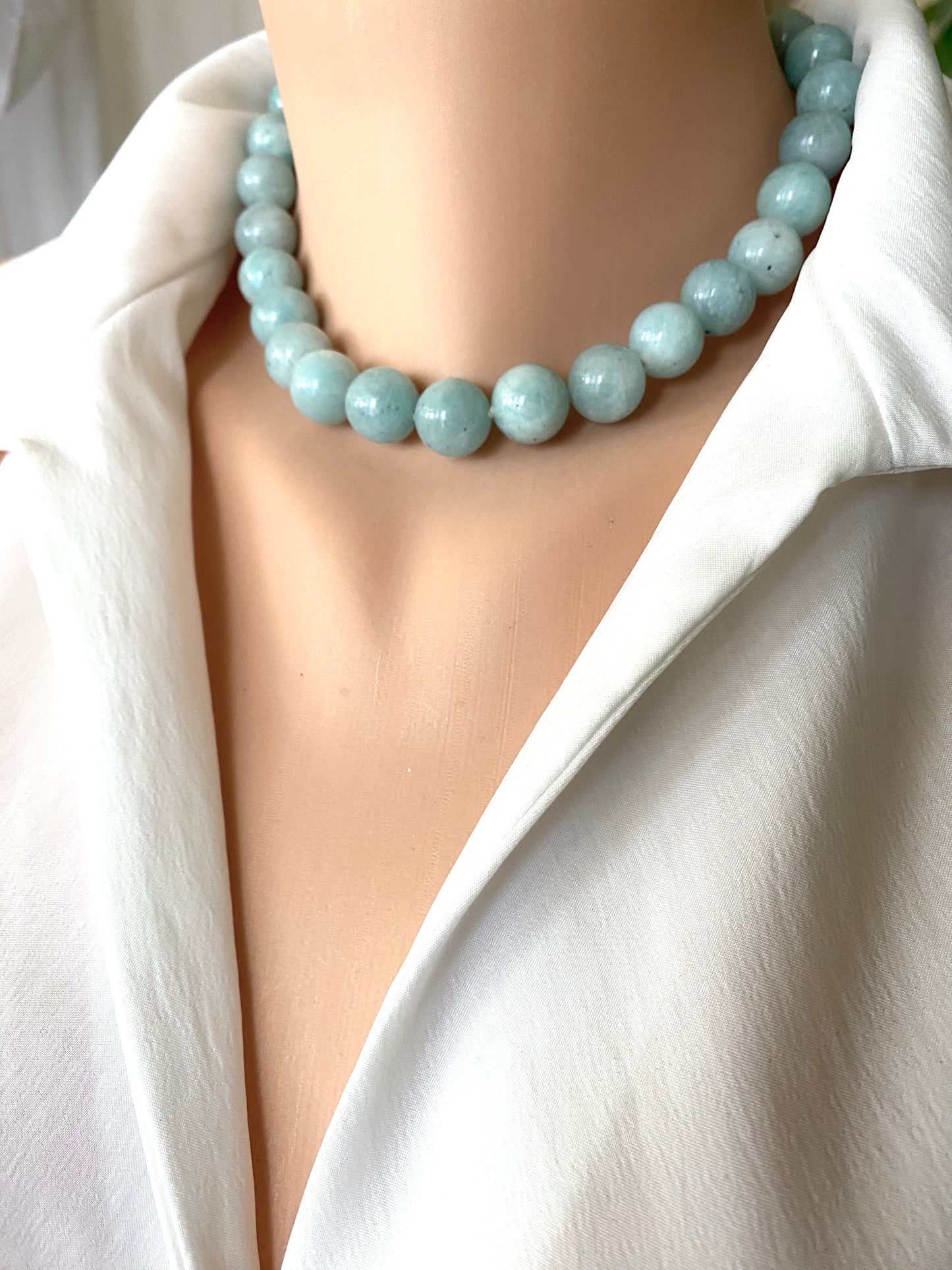 baby blue amazonite necklace on a bust