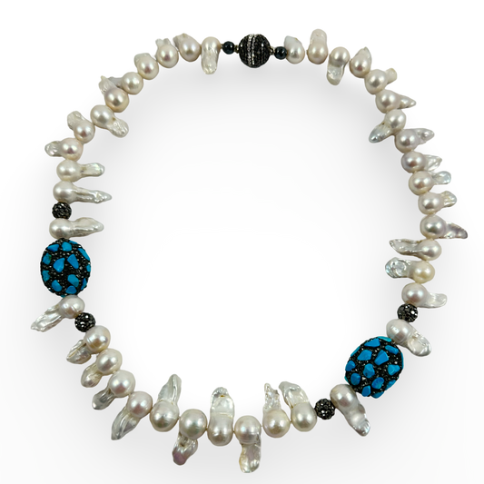 baroque pearl jellyfish necklace with turquoise and magnetic clasp, 21"inches long