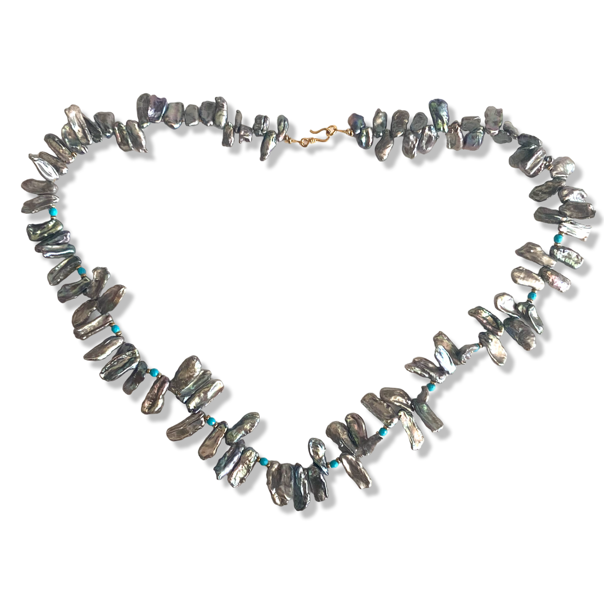 biwa stick pearls in dark grey with Turquoise and gold vermeil beads and details Necklace – 