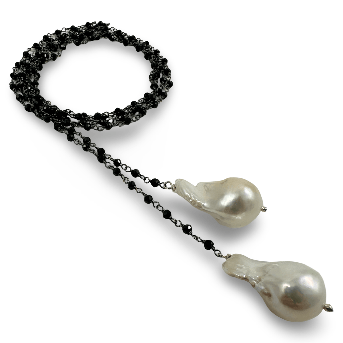 black spinel rosary chain lariat with baroque pearls