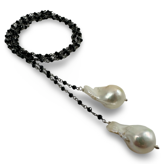 black spinel rosary chain lariat with baroque pearls