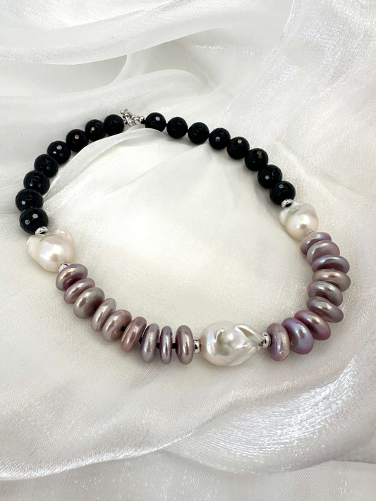 Baroque pearl necklace with black tourmaline and purple pink coin pearls, 17 inch length