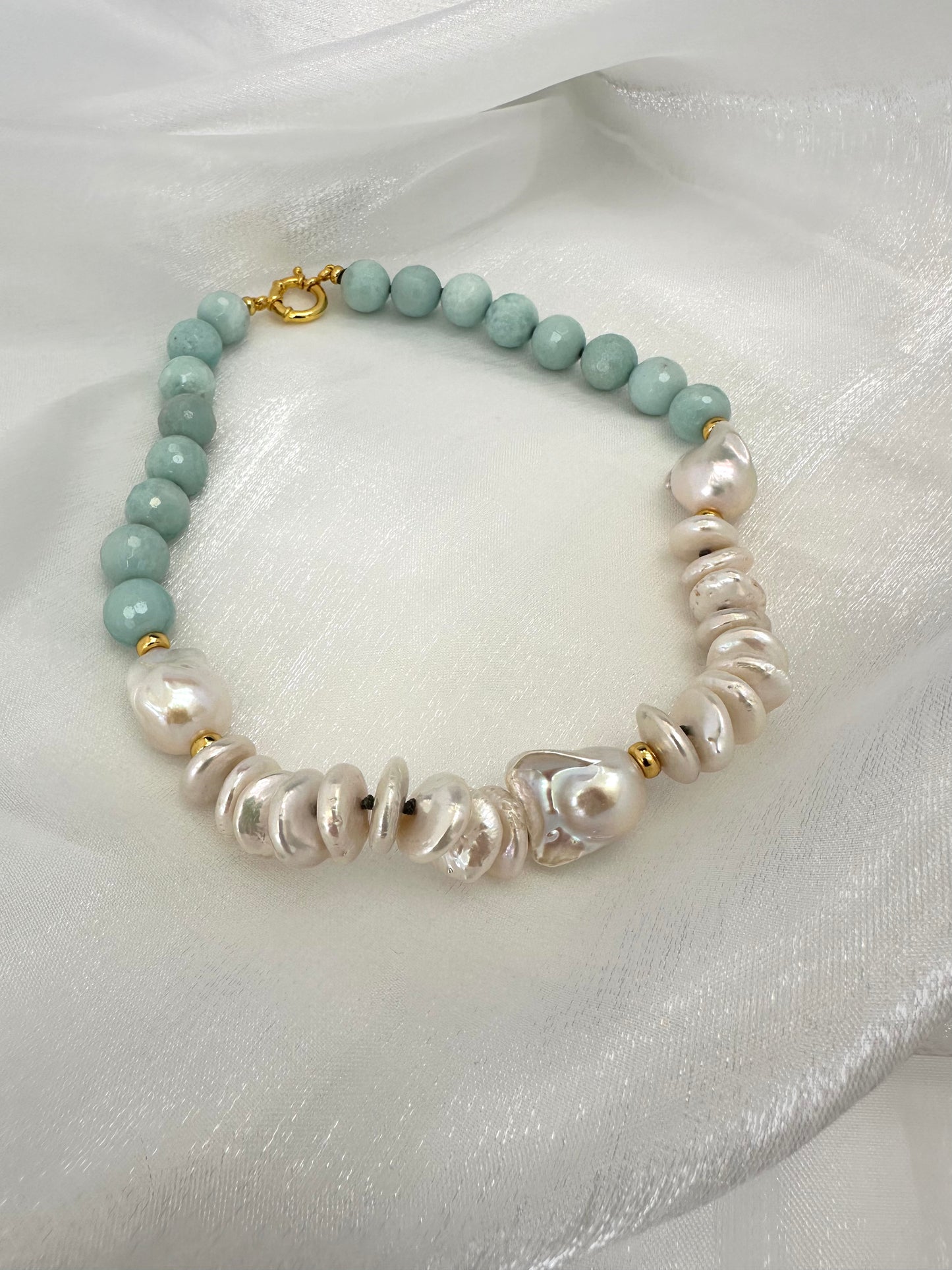 White baroque pearl necklace with amazonite gemstones and coin pearls, 16.5 inch length