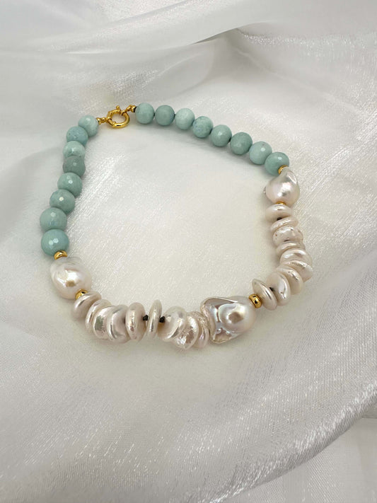 White baroque pearl necklace with amazonite gemstones and coin pearls, 16.5 inch length