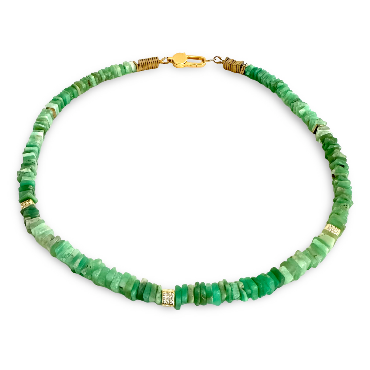 A green stone beaded necklace with irregular, chunky disc-shaped beads in various shades of emerald and mint green, accented with small gold spacer beads and a gold lobster clasp, shown on a plain white background.
