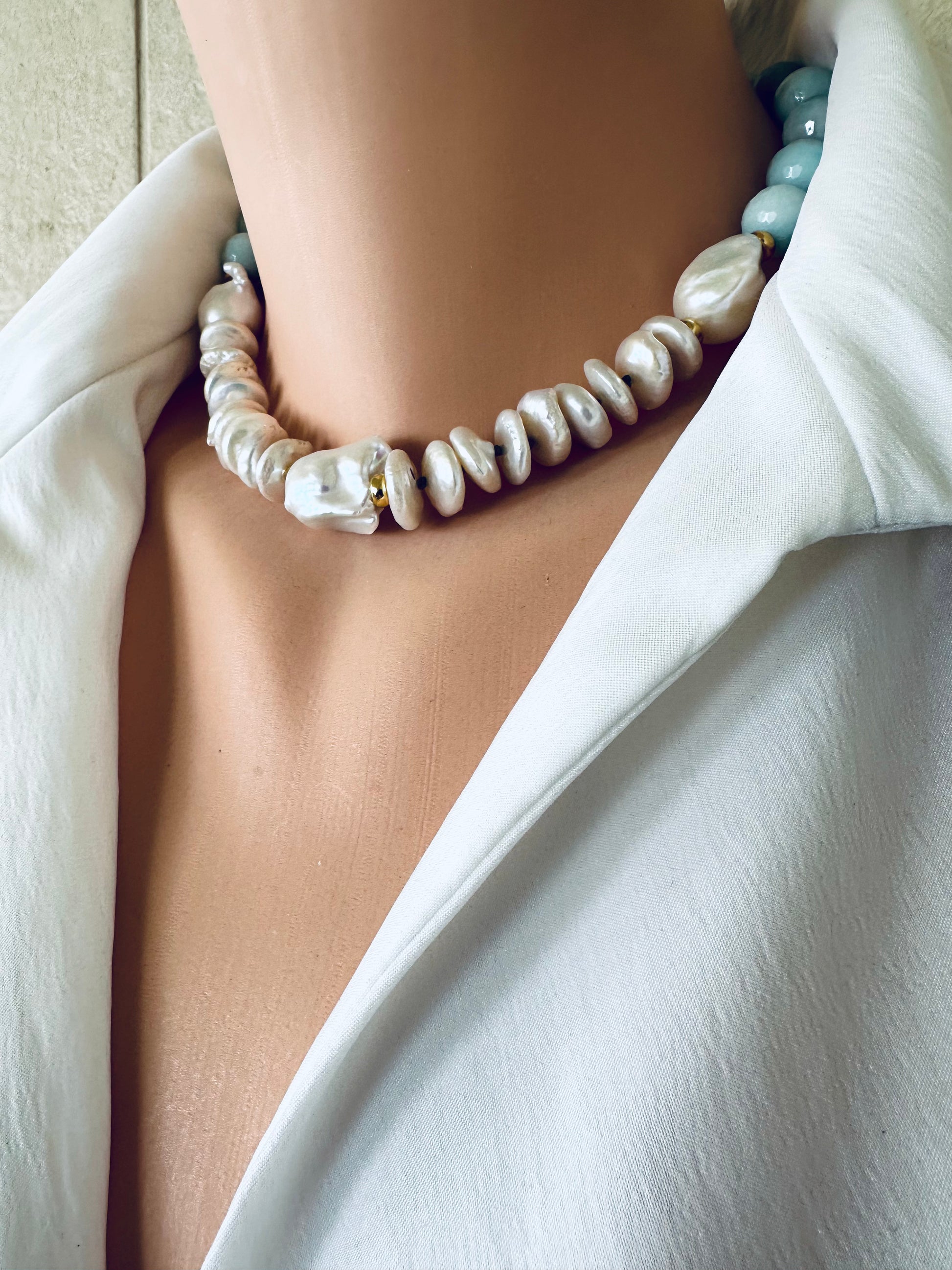 Baroque pearl necklace with amazonite beads worn at collarbone, handmade gemstone design