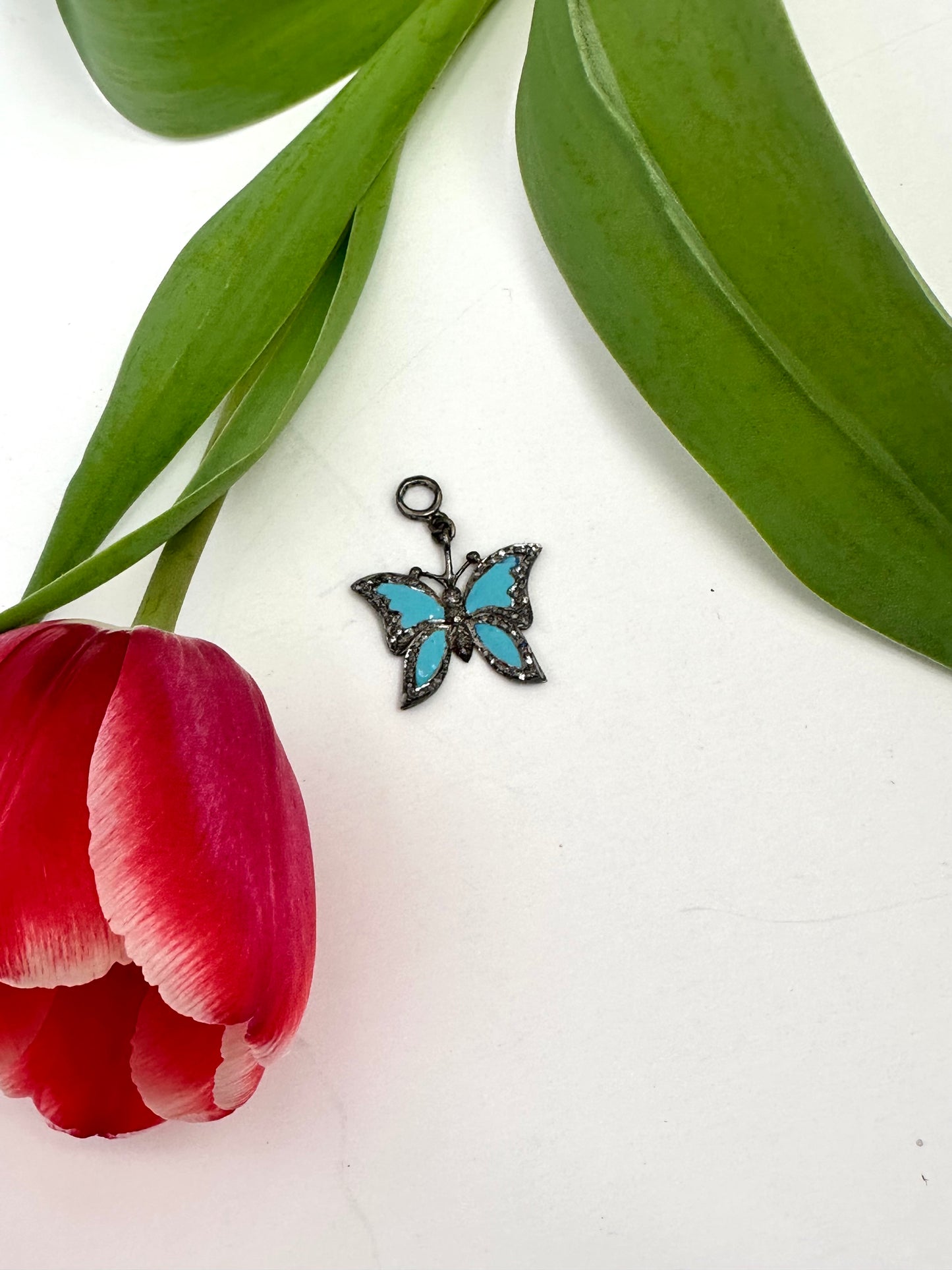 Blue Enamel Butterfly Pendant with Diamond Pavé, Sterling Silver Charm