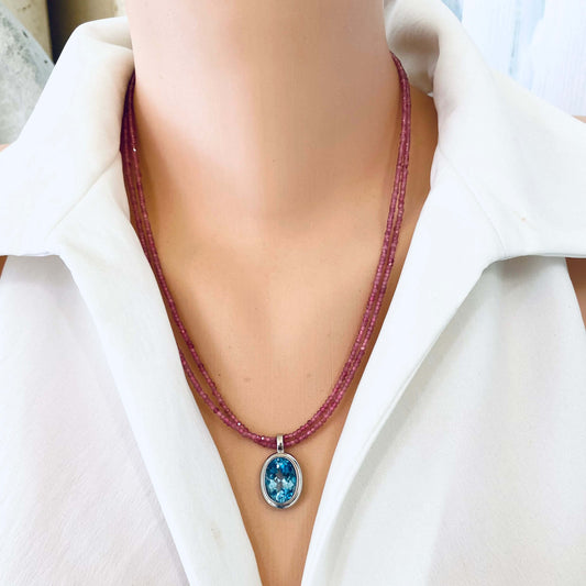 Pink Tourmaline Blue Topaz Pendant displayed on a model, showcasing the double strand design by Loulia Pearl Jewelry.