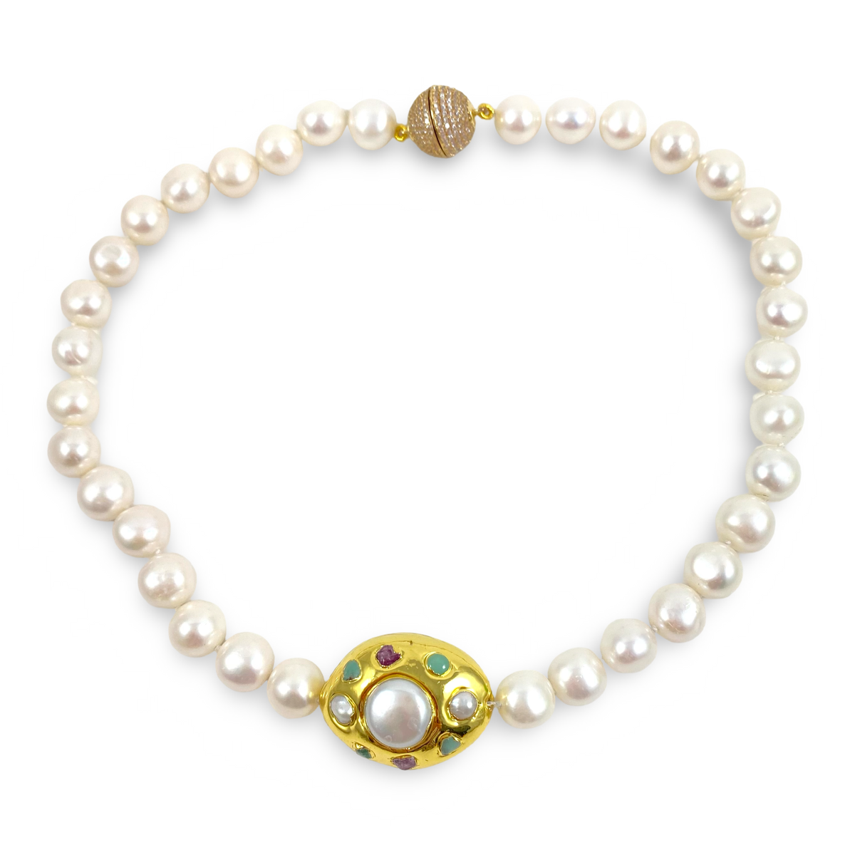 A pearl necklace with a gold-toned clasp featuring a central white pearl and small multicolored gemstones, displayed on a clean white background.
