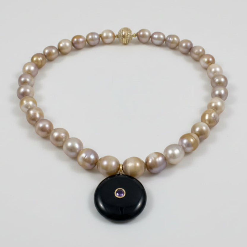 hand knotted freshwater gold pearls with black obsidian pendant