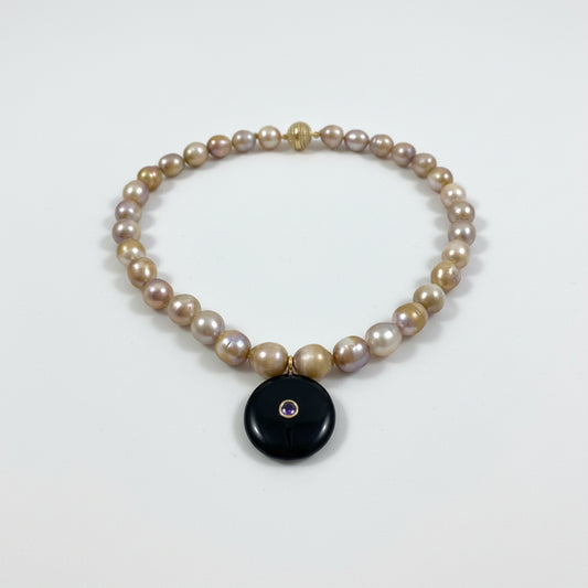 hand knotted freshwater gold pearls with black obsidian pendant