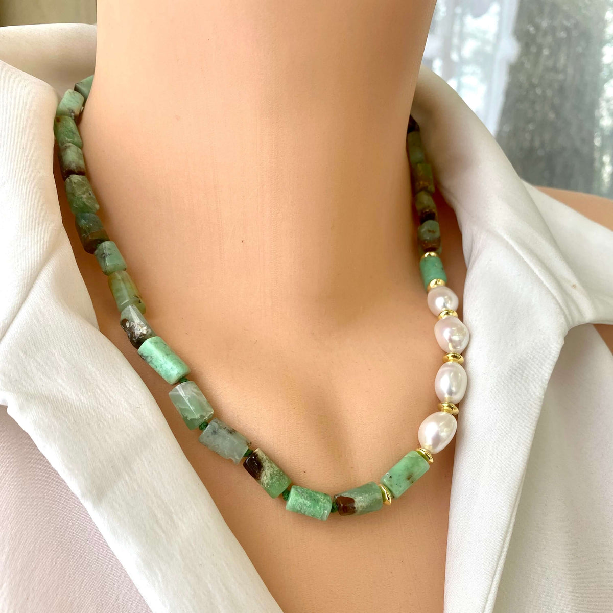 Chrysoprase Pearl Necklace displayed on a mannequin showcasing its light green chrysoprase beads and white freshwater pearls.