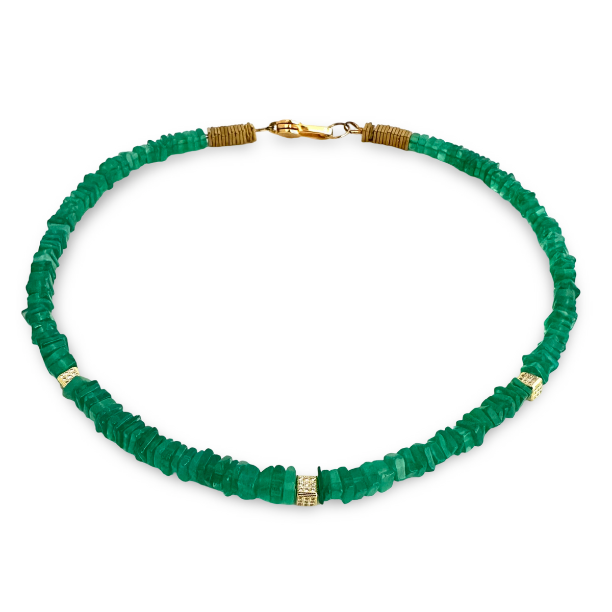 A chunky necklace made of faceted green gemstone beads, accented with small gold spacer beads and a gold lobster clasp, shown on a plain white background.