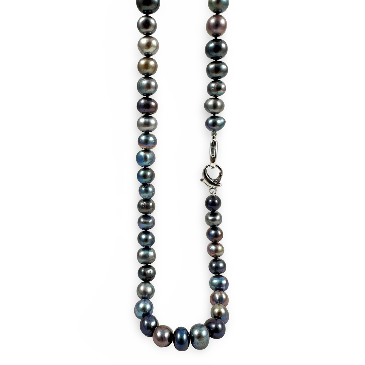 grey green peacock potato shape long necklace, hand knotted and finished with 2 sterling silver lobster clasps