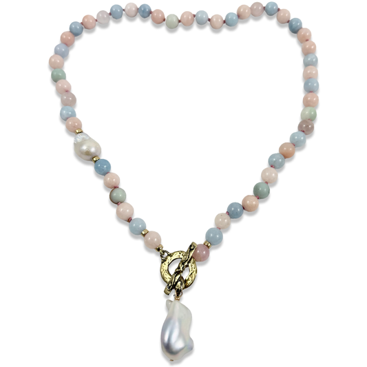 hand knotted morganite and aquamarine toggle necklace with white baroque pearl pendant
