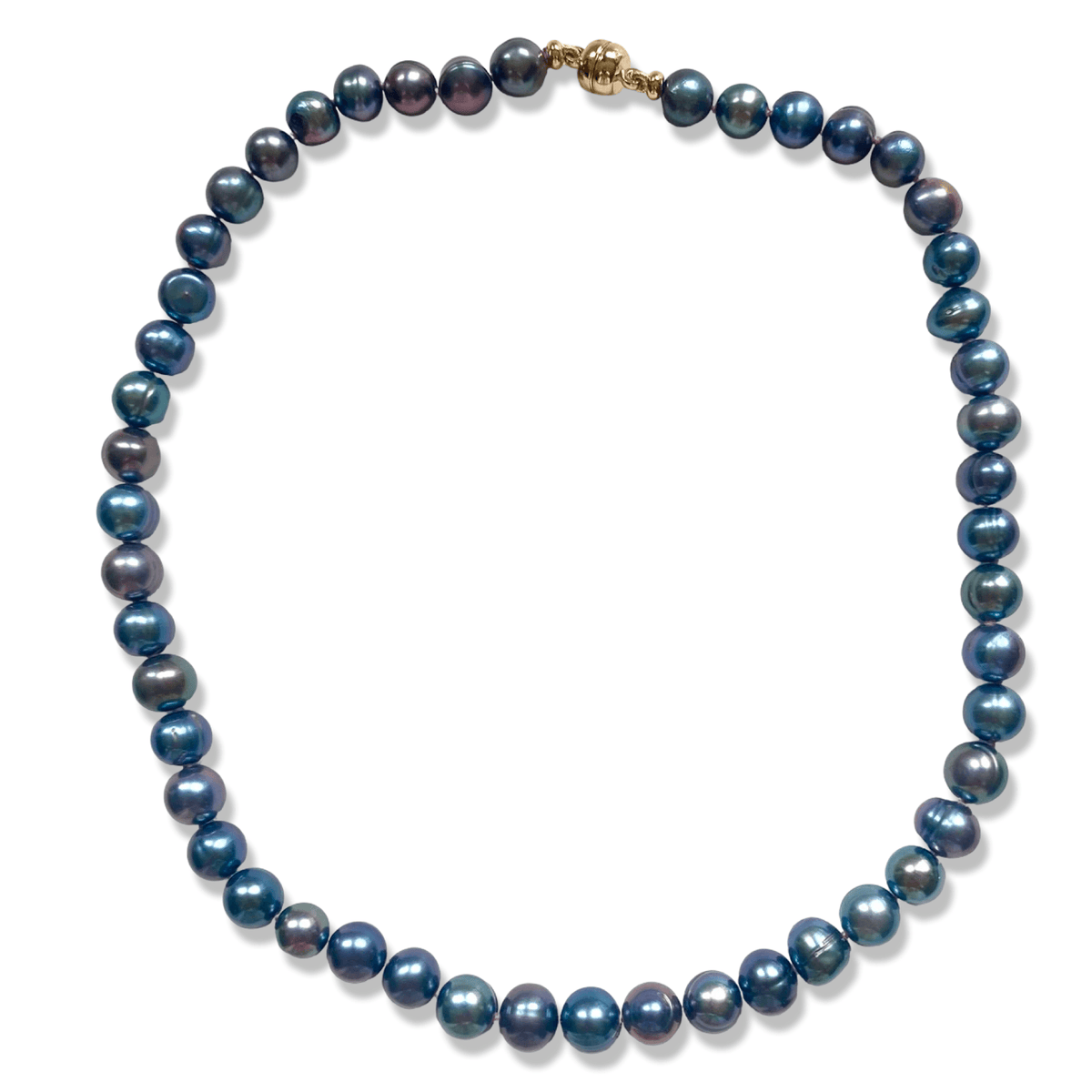 A single-strand pearl necklace featuring dark, iridescent blue and purple pearls with a small gold clasp, displayed on a clean white background.