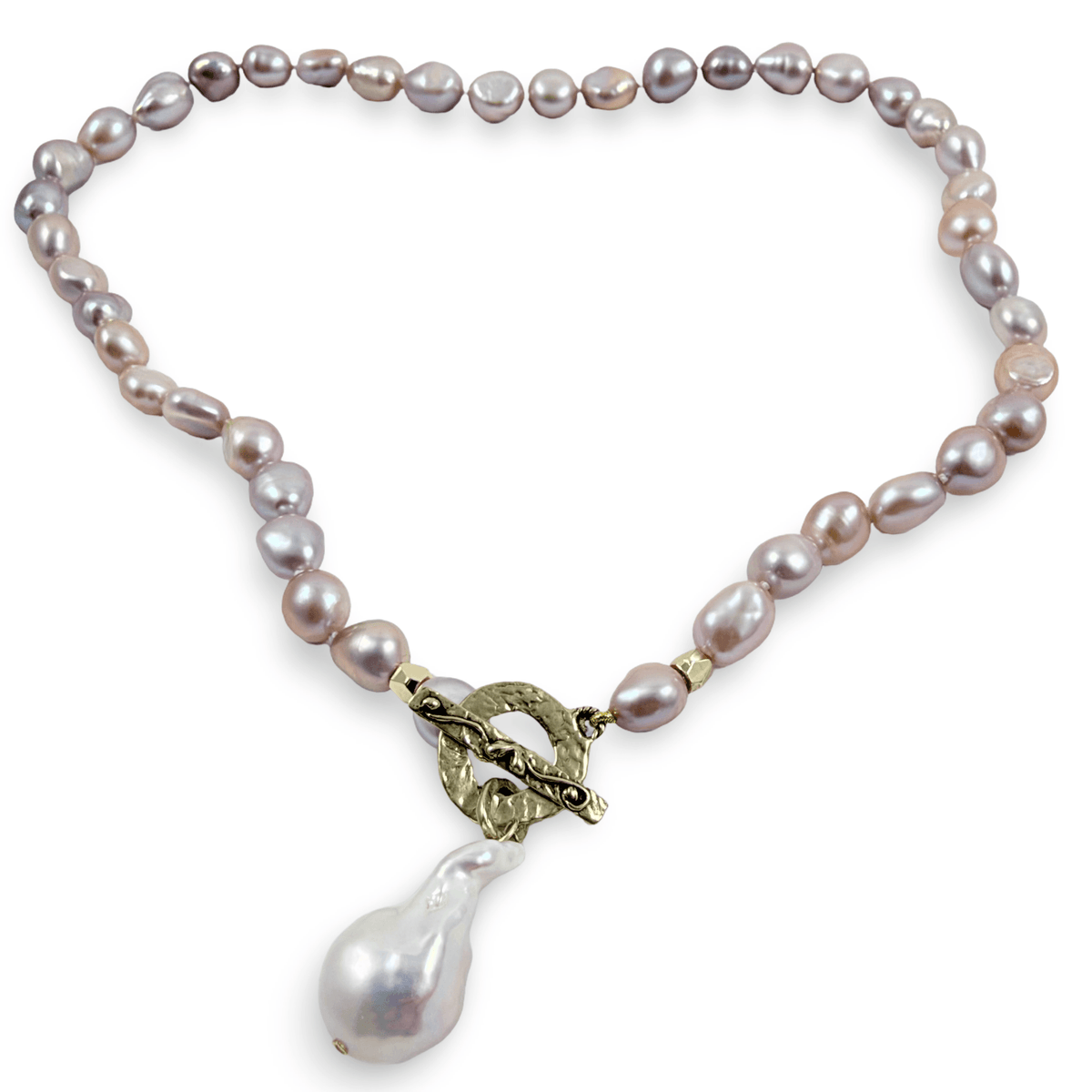 hand knotted pink pearl bronze toggle necklace with baroque pearl pendant