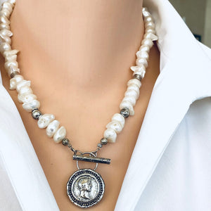 White Distressed Pearls Necklace with Repro Roman Coin Toggle Clasp, Sterling Silver, 20"inches