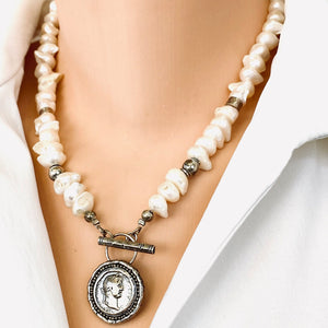 White Distressed Pearls Necklace with Repro Roman Coin Toggle Clasp, Sterling Silver, 20"inches