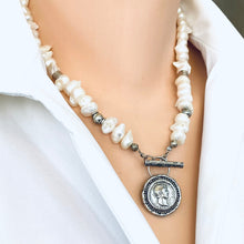 Lade das Bild in den Galerie-Viewer, White Distressed Pearls Necklace with Repro Roman Coin Toggle Clasp, Sterling Silver, 20&quot;inches

