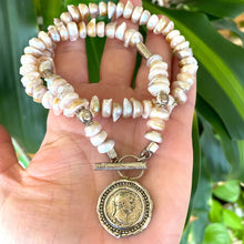 Lade das Bild in den Galerie-Viewer, Vintage-Inspired Lavender Baroque Pearl Necklace, Sterling Silver Statement Jewelry with Repro Roman Coin Toggle Clasp, 20&quot;In
