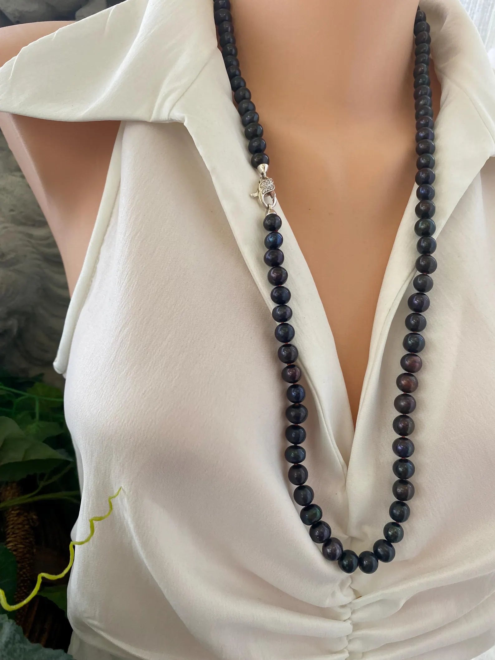Peacock navy blue pearl necklace long front view on mannequin handmade in Canada