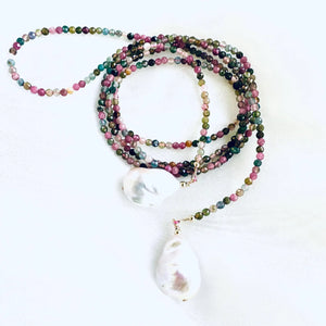 Multi Tourmaline & two Large Baroque Pearls Lariat Necklace