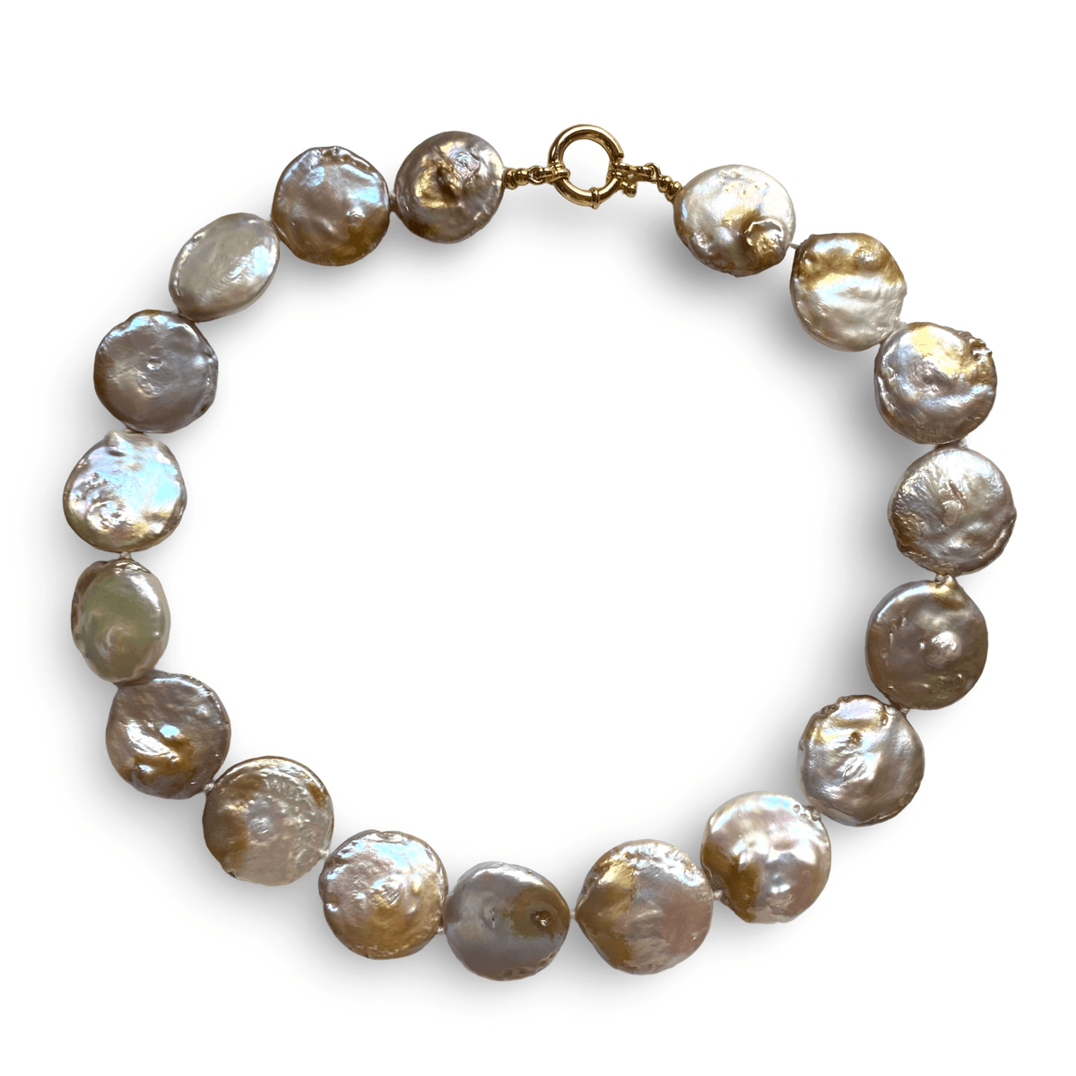 A strand of baroque freshwater pearls in muted olive, gray, and bronze tones, arranged in a circle with a gold clasp on a white background.