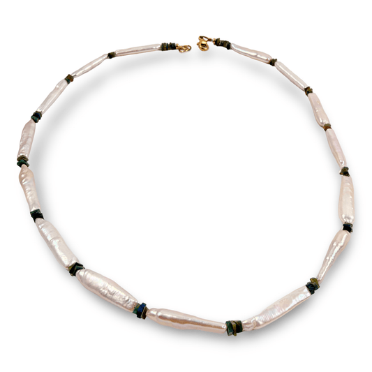 long biwa stick pearls necklace 19 inches separated with black opal square beads