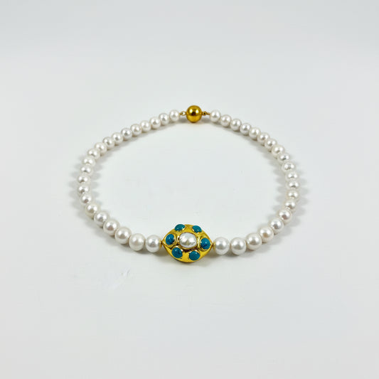 metallic silver white edison pearl necklace hand knotted with turquoise accent