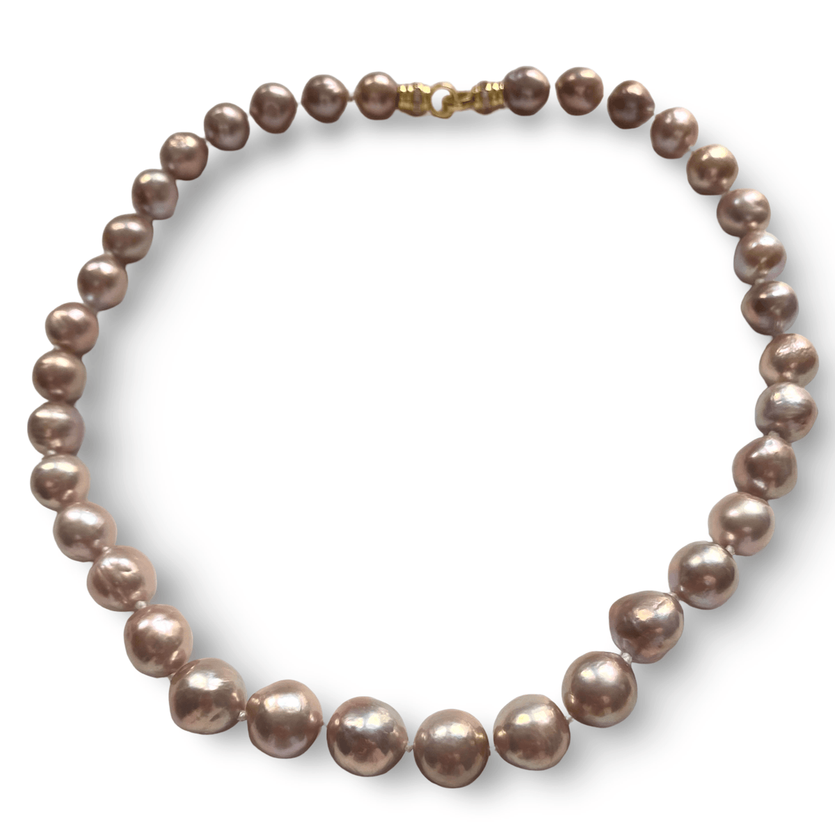 A strand of irregular baroque pearls in a dusty mauve-purple hue with a gold clasp, displayed on a clean white background.