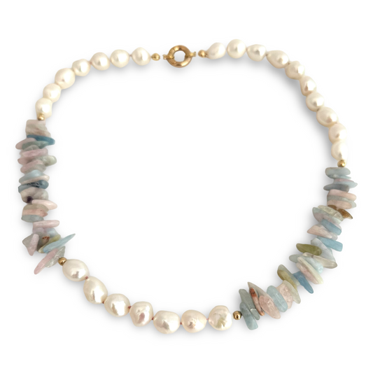 hand knotted morganite nuggets and white freshwater pearl necklace