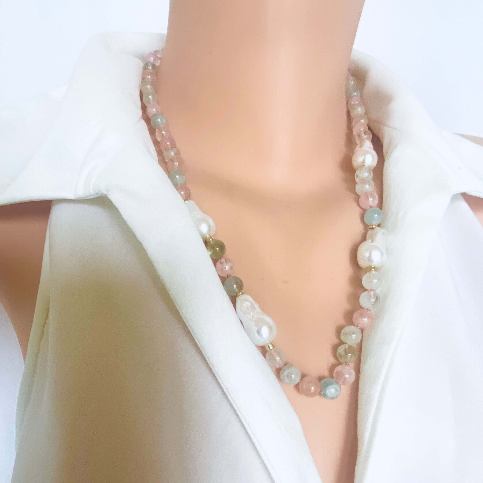 Morganite aquamarine pearl necklace showcasing pastel gemstone Necklace and pearls, elegantly handcrafted design.