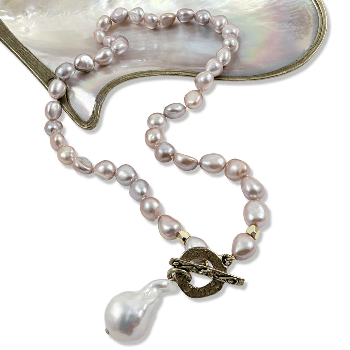 pink pearl bronze toggle necklace with baroque pearl pendant