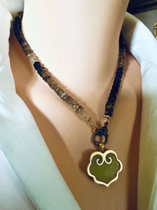 Smoky Quartz Necklace with Pavé Clasp in Gold Vermeil – 17.5” showcasing faceted Indian-cut heishi beads.