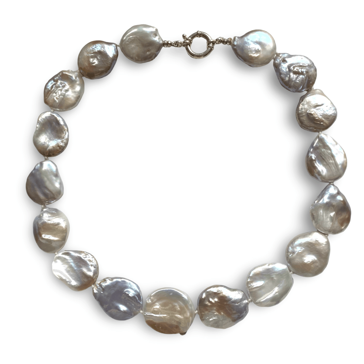 A baroque pearl necklace with an irregular, organic shape, featuring iridescent gray and silver pearls with a silver clasp, shown on a plain white background.