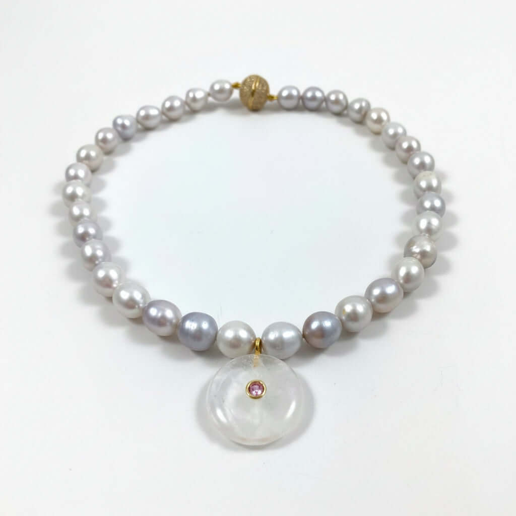 silver white freshwater pearl choker necklace with a crystal pendant
