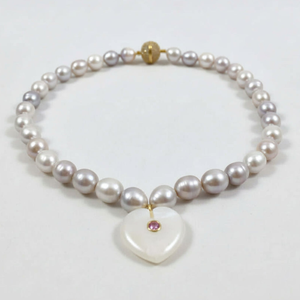 greyish white freshwater pearl choker with a heart pendant and magnetic clasp
