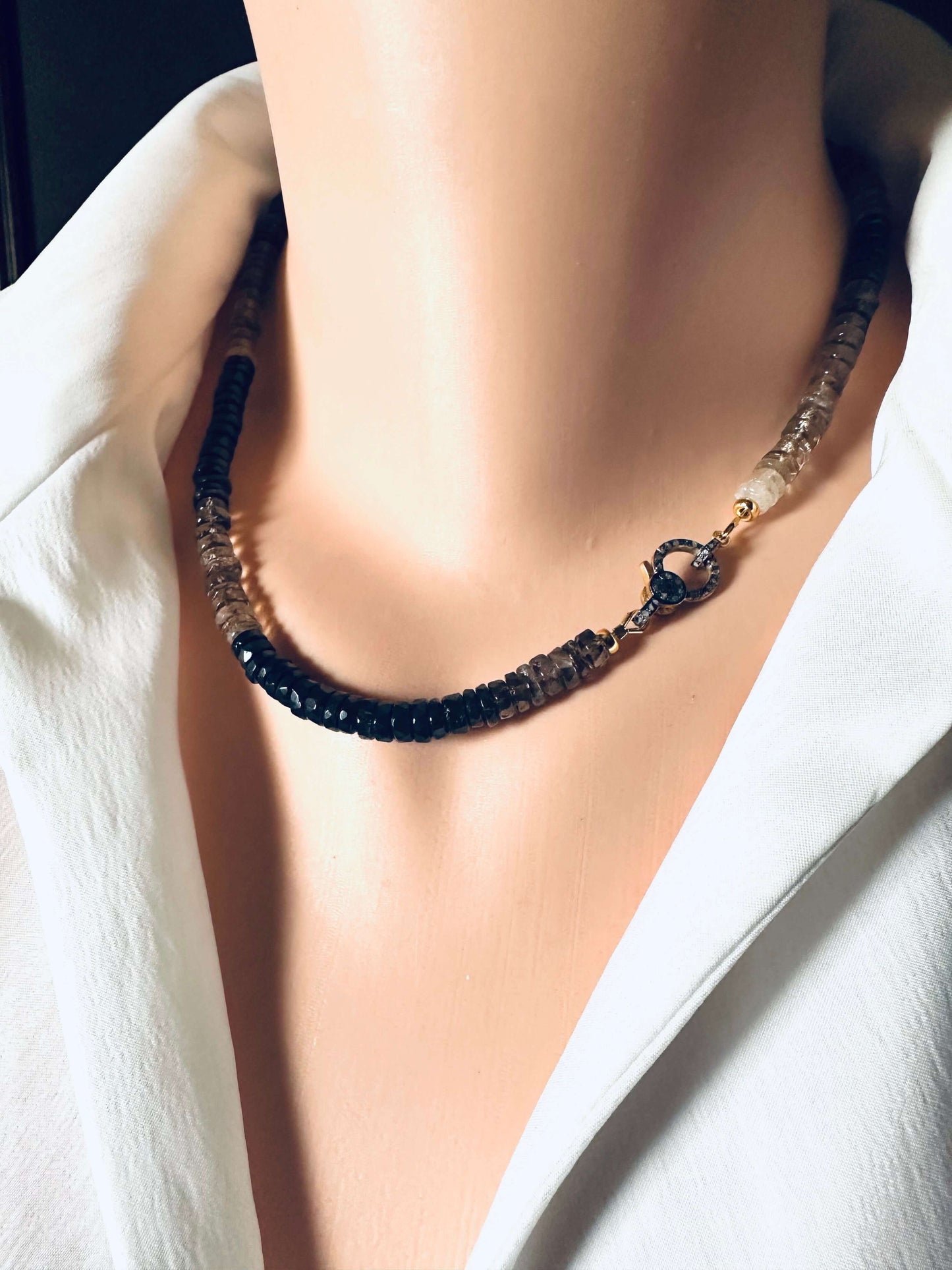 Smoky quartz necklace with pavé clasp showcases faceted beads and a gold vermeil clasp, 17.5 inches long.