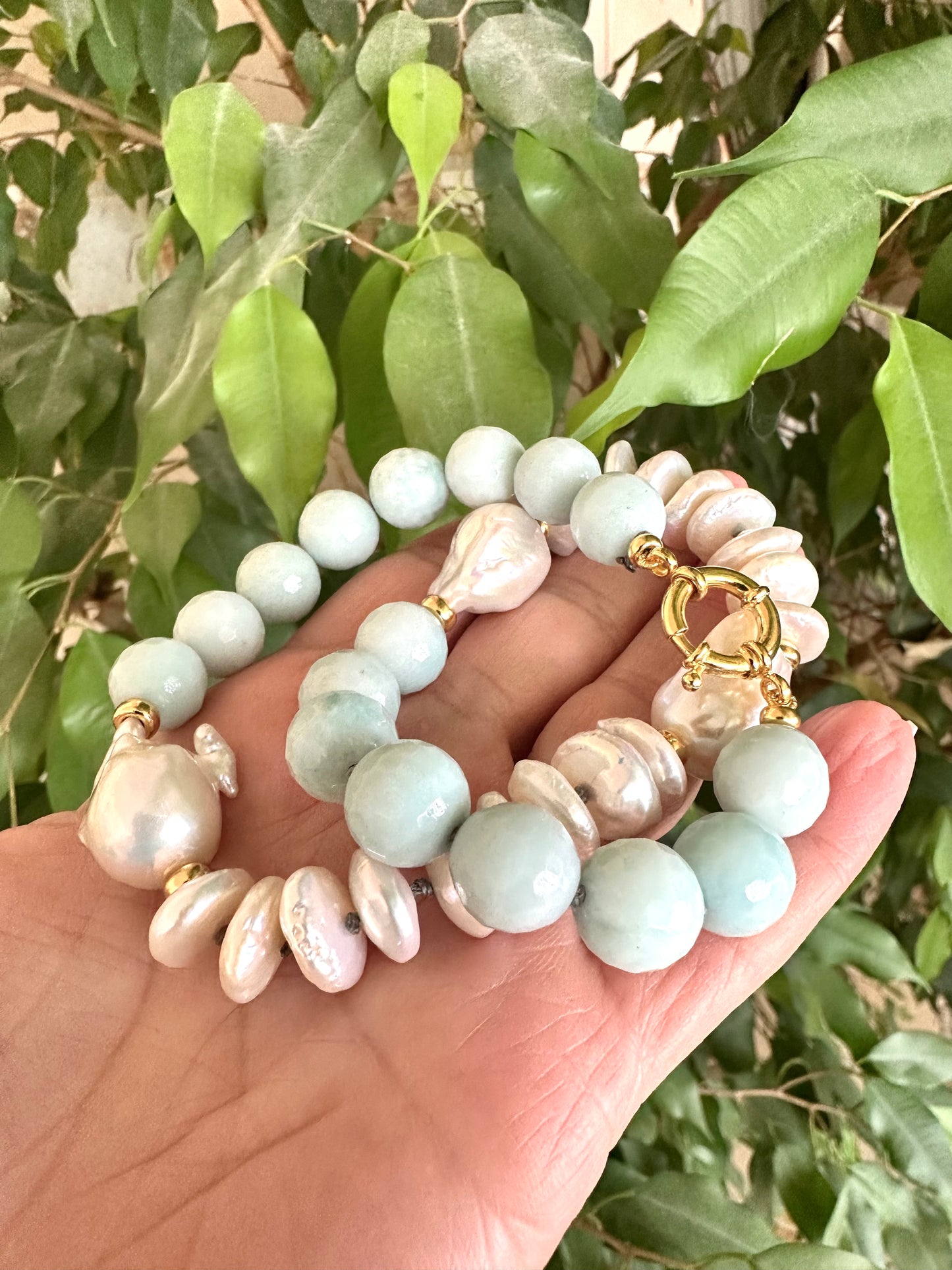 Amazonite and baroque pearl necklace with white freshwater pearls and gold vermeil clasp
