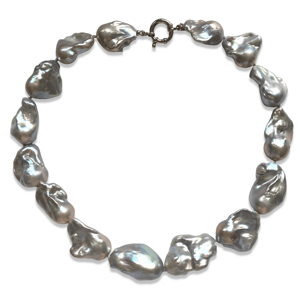Baroque pearl necklace with silver details, showcasing large, iridescent baroque pearls in an organic design.