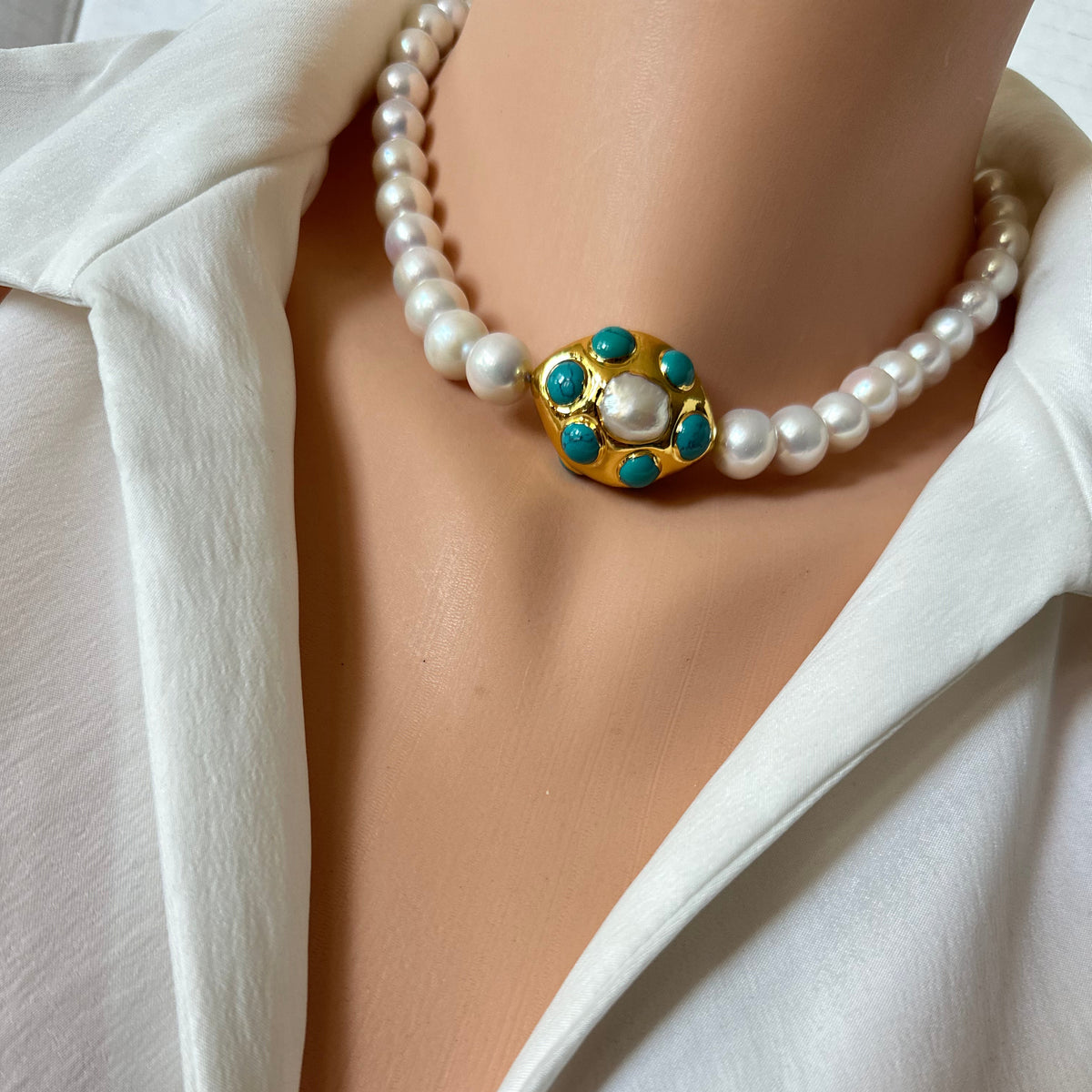 short pearl necklace with turquoise and gold accent