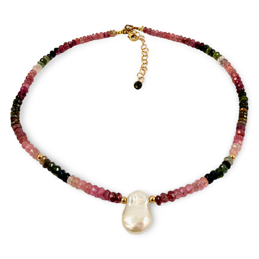 the pearl solitaire choker necklace in multi tourmaline and gold filled finish