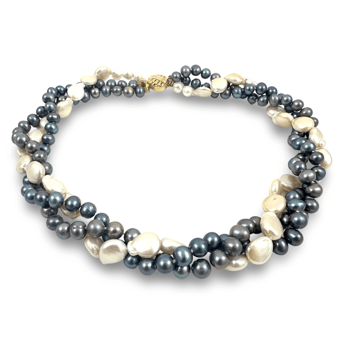 A multi-strand pearl necklace featuring dark gray and black baroque pearls alongside creamy white freshwater pearls, accented by a small gold clasp, shown on a plain white background.
